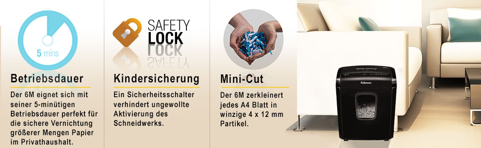 Fellowes Aktenvernichter 6 Blatt Partikelschnitt (P4): Шредер для документів Fellowes Powershred FS-6C, 15л, P4, чорний