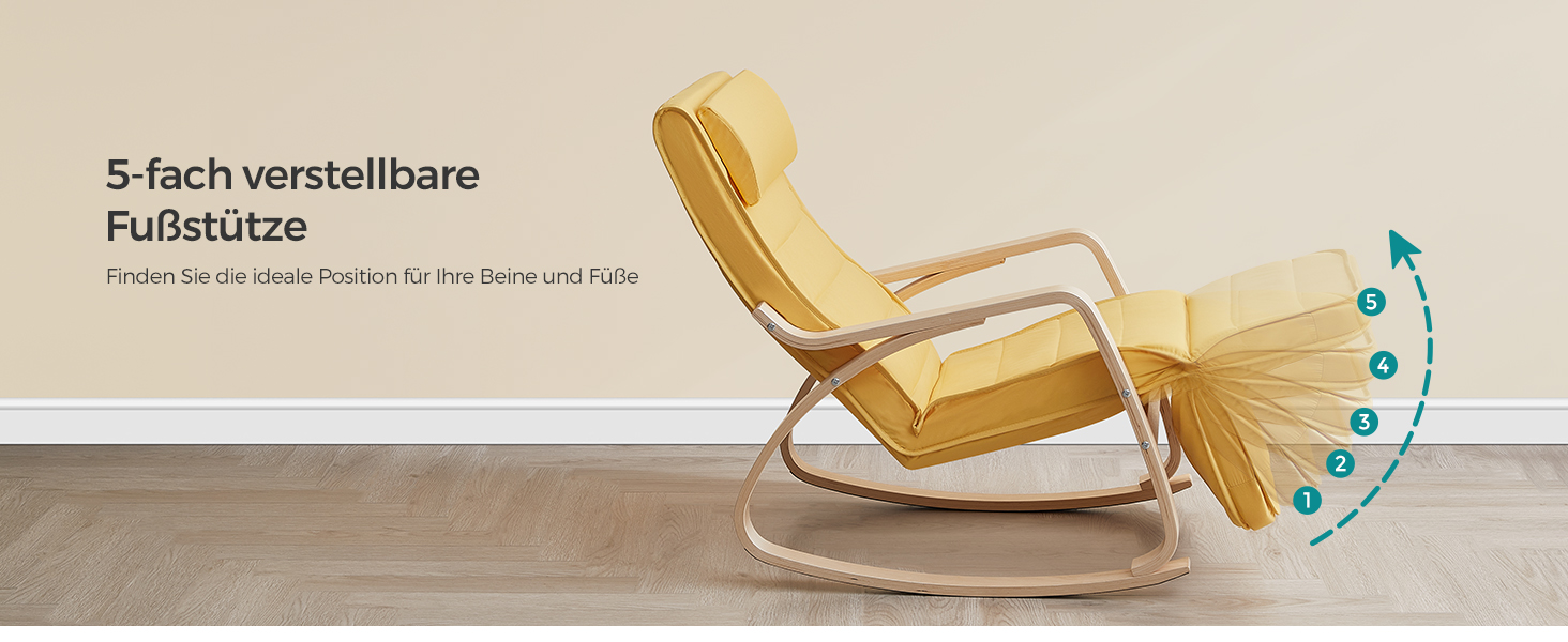 Крісло-гойдалка SONGMICS з підлокітниками з натурального дерева, регульована підставка для ніг, до 150 кг, для спальні/вітальні, темно-натуральний колір, бавовна/поліестер