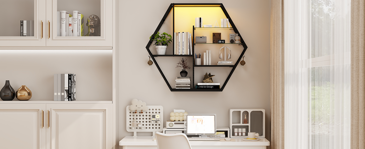 Підвісні полиці YU YUSING з RGB підсвічуванням 7 кольорів, геймерські полиці з 8 гачками, стелажі для демонстрації, настінні вітрини з 2 скляними полицями, підвісні шафи для спальні, кухні, бару, ігрової кімнати, декор, гексагон, карбонове покриття