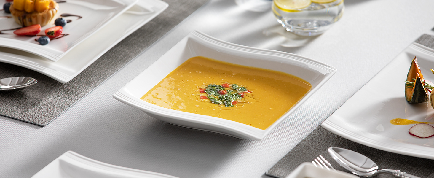 MALACASA Серія Flora – 60-елементний посудний сервіз для 12 осіб – кремово-білий порцелан з квадратним дизайном (тарілки, чашки, блюдця) – підходить для миття в посудомийній машині та для використання в мікрохвильовій печі