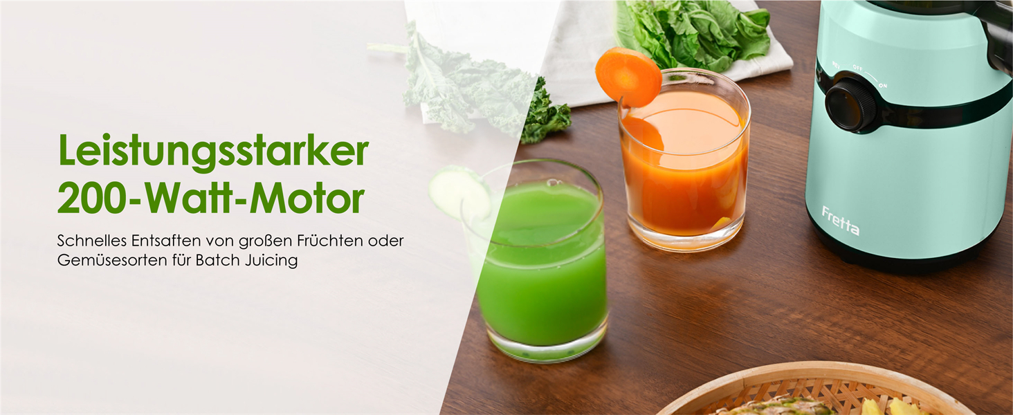 Фреш-прес Fretta: повільний соковичавник з широкою завантажувальною трубою (108 мм), 200W, 1 л, BPA-free Tritan, блакитний