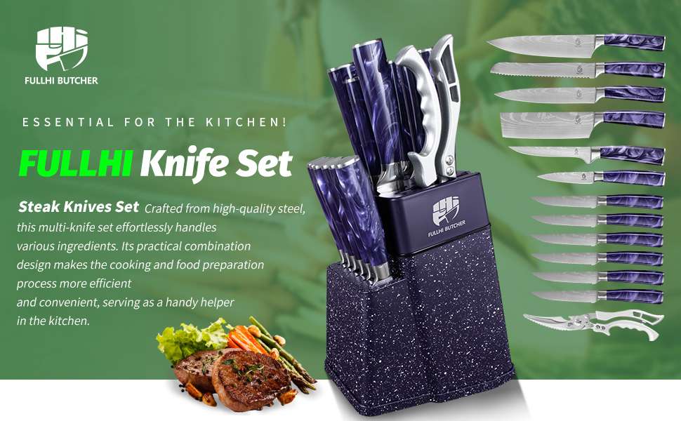 Набір кухонних ножів Fullhi 14 предметів з бруском та чохлом, набір кухонних ножів для приготування стейків, кольорова ручка (фіолетовий смоляний)