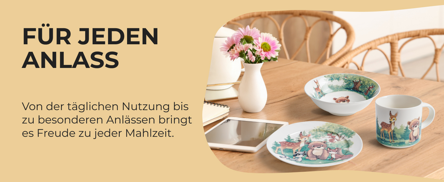MIAMIO Набір дитячого посуду 3 шт. з порцеляни (тарілка, миска, чашка) - для дітей та малюків (ліс)