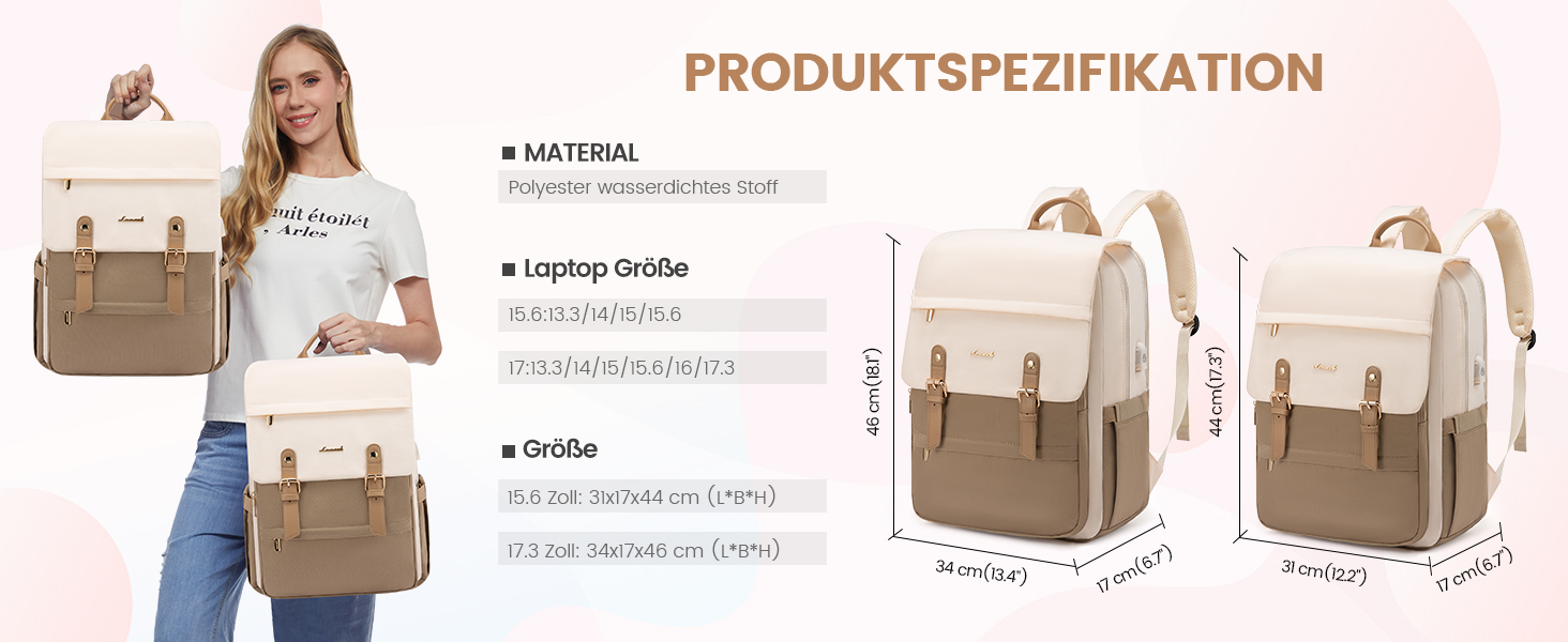 Жіночий рюкзак LOVEVOOK 15.6 дюймів: водонепроникний, для ноутбука, універсальний, для роботи, навчання, подорожей, бежевий/коричневий
