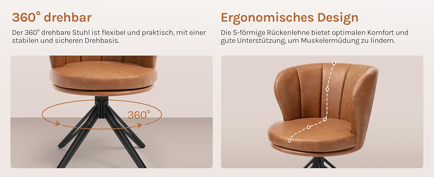 Крісла для обідньої зони WOLTU (2 шт), 360° обертання, з підлокітниками, для кухні/вітальні, ергономічні, до 150 кг, штучна шкіра (колір: коричневий)