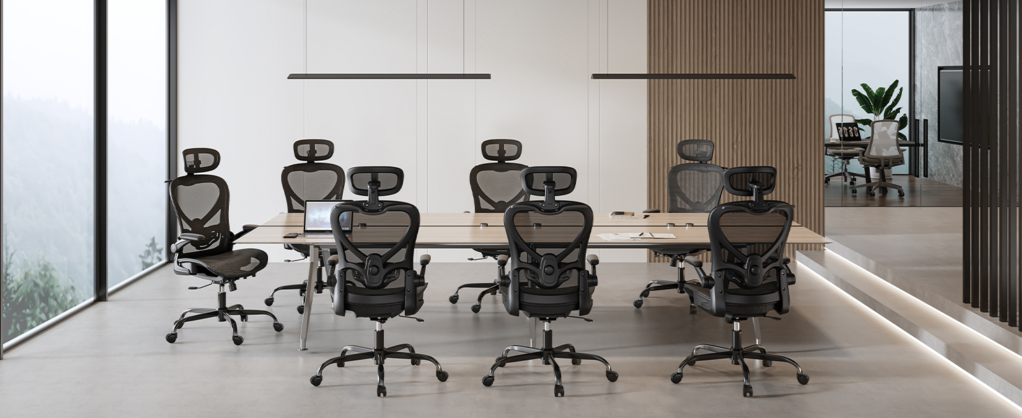 Офісне крісло LarkLeaves з ергономічною підтримкою спини, регульованими підлокітниками, сітчастою спинкою та підголівником, для офісу, навчання, бібліотеки, 140 кг, (Чорний, Lite)