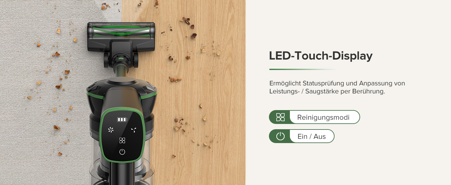 Бездротовий пилосос Vexilar Akku: 60 хв роботи, 45 kPa, 550 W, безщітковий мотор, LED дисплей, 6-в-1, тихий, для дому/авто, тверді підлоги, килими, шерсть тварин, зелений