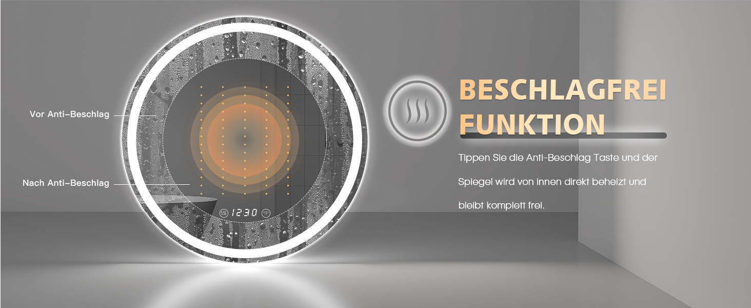 Дзеркало для ванної кімнати Dripex круглої форми з підсвічуванням LED, сенсорне керування, регулювання яскравості, 3 кольори світла, запобігання запотіванню, 50x50 см