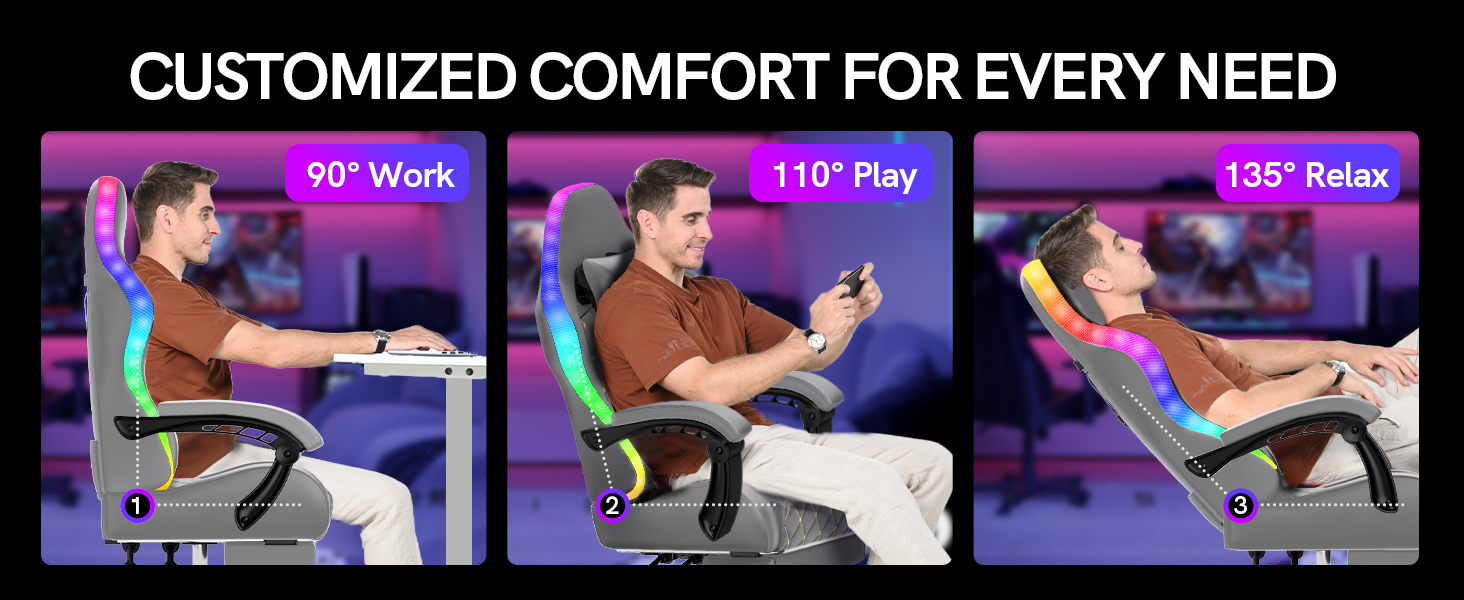 Ігровий крісло Bigzzia з RGB LED підсвічуванням - ергономічне геймерське крісло з підтримкою попереку та підніжкою, регульоване та поворотне, з PU-шкіри, 150 кг, сірий