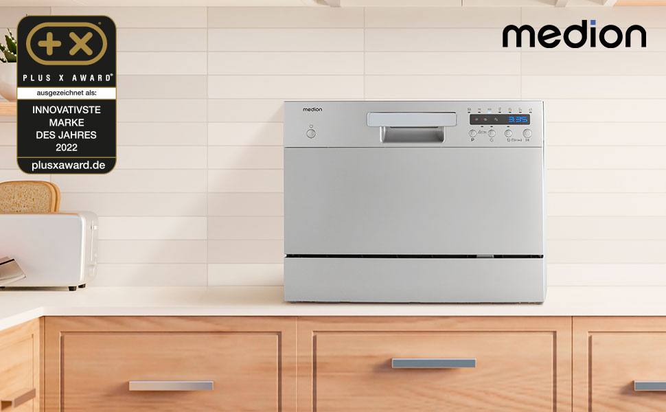 Посудомийна машина MEDION DWT60, 6 комплектів, 7 програм, ECO, AquaStop, LED дисплей, захист від дітей, срібна