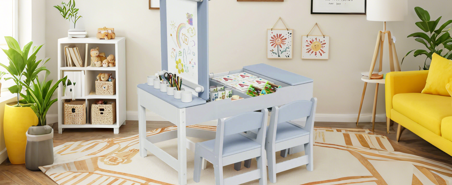Дитячий стіл MAMIZO з 2 стільцями: дерев'яний стіл для ігор з місцем для зберігання, комплект меблів для дітей, стіл для малювання та рукоділля, від 3 років (блакитний)
