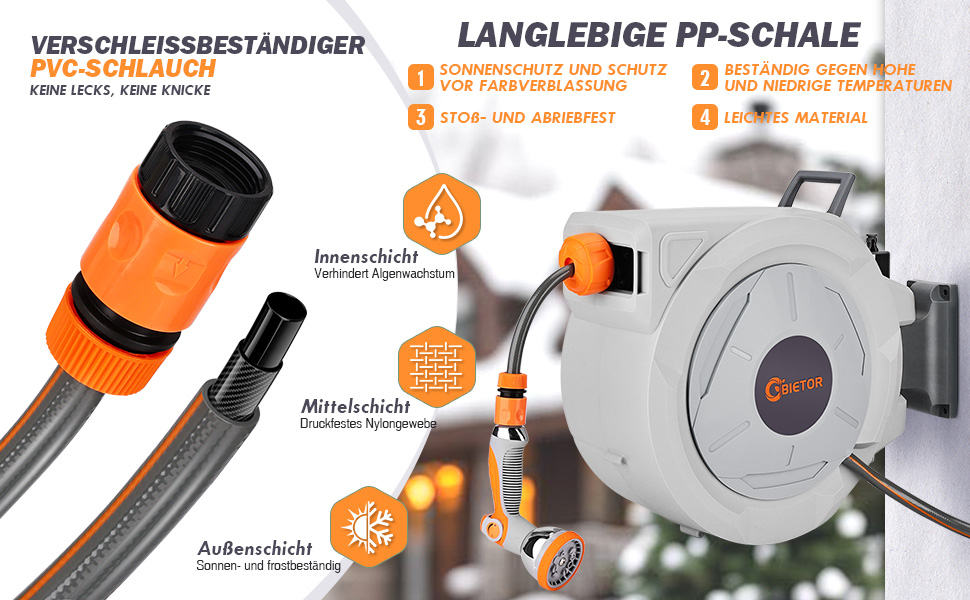 Висувна касетна система для садового шланга 20м + 2м з пістолетом, повільний зворотний механізм, фіксація будь-якої довжини, поворотна кріплення 180°