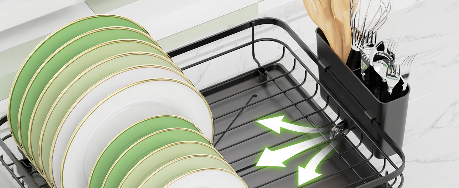 Сушарка для посуду ROTTOGOON розширювана, нержавіюча сталь, з висувним носиком та відділенням для столових приладів, чорна (1-рівнева)