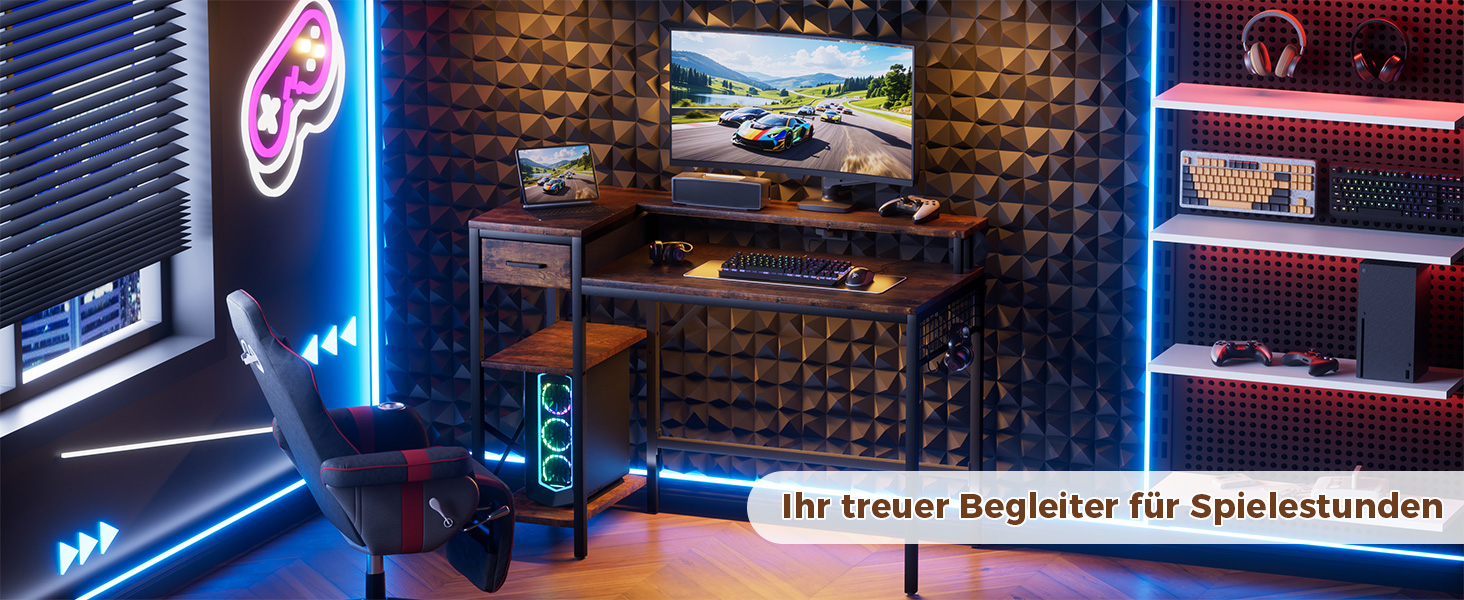 Ігровий стіл Oak & Tea 120x52 см з ящиками, регульованою полицею та тримачем для монітора – для навчання, ігор, роботи та дому. Колір: коричневий та чорний (вінтажний).