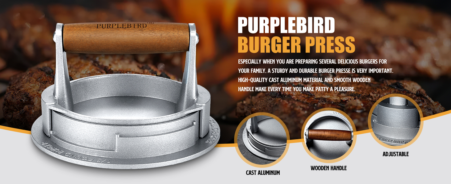 Пресс для бургерів PURPLEBIRD з алюмінію, 10.8 см, регулювання товщини, з дерев'яною ручкою | Прес для паті, гамбургерів, BBQ