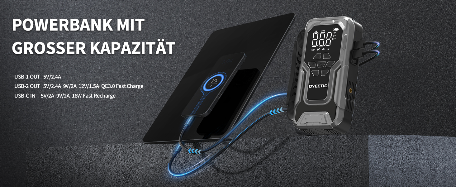 Powerbank Starthilfe 6000A з компресором 150PSI: портативний пусковий пристрій для авто та мото (бензин, дизель до 10.0L) з LED-ліхтариком QC3.0, срібний