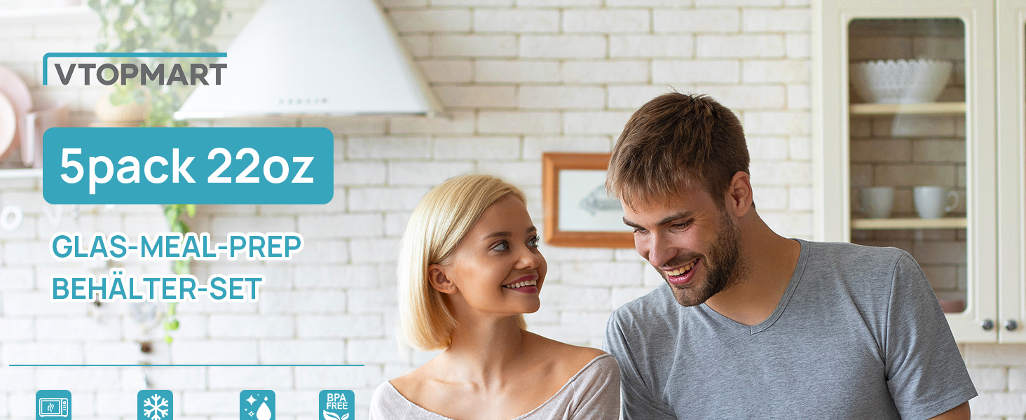 Набір скляних контейнерів для їжі Vtopmart (5 шт по 650 мл) з кришками, термостійкі ланч-бокси для мікрохвильової печі, духовки та морозильника