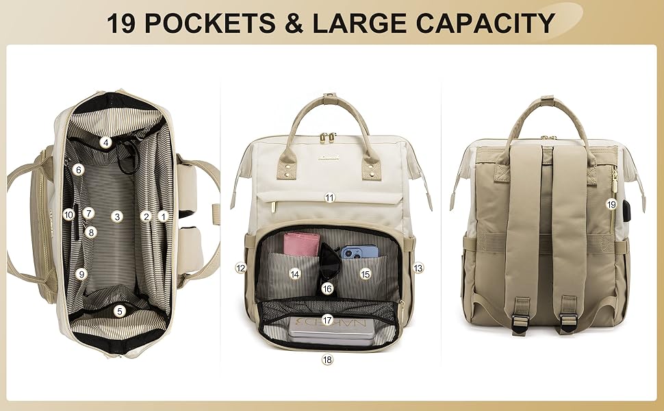 Рюкзак для ноутбука LOVEVOOK для жінок, великий шкільний рюкзак для підлітків, рюкзак ручної поклажі, водонепроникний дизайн, дихаючі плечові ремені, для університету, школи та подорожей, бежево-сірий (17 дюймів, B- Beige Khaki)