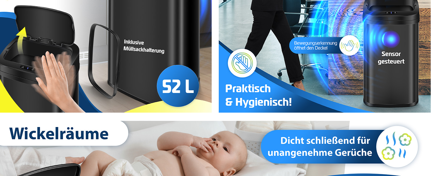 Сміттєве відро KESSER® Sensor 30 л з автоматичним відкриванням, датчиком руху та м'яким закриттям кришки. Відро з сенсорним керуванням, LCD-дисплеєм, нержавіючою сталлю та тримачем для мішка.