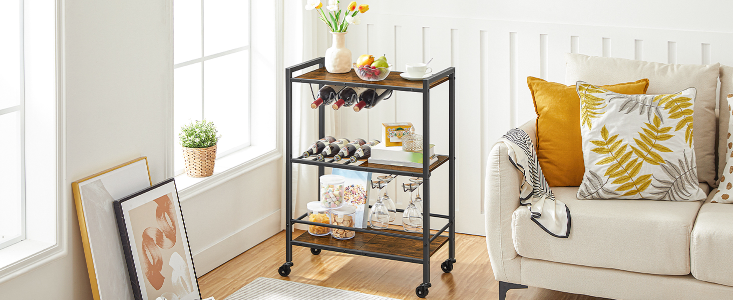 Сервізний візок HOOBRO: візок для кухні, барний візок з замком, візок для вина, вінтажний коричнево-чорний, EBF35TC01G1