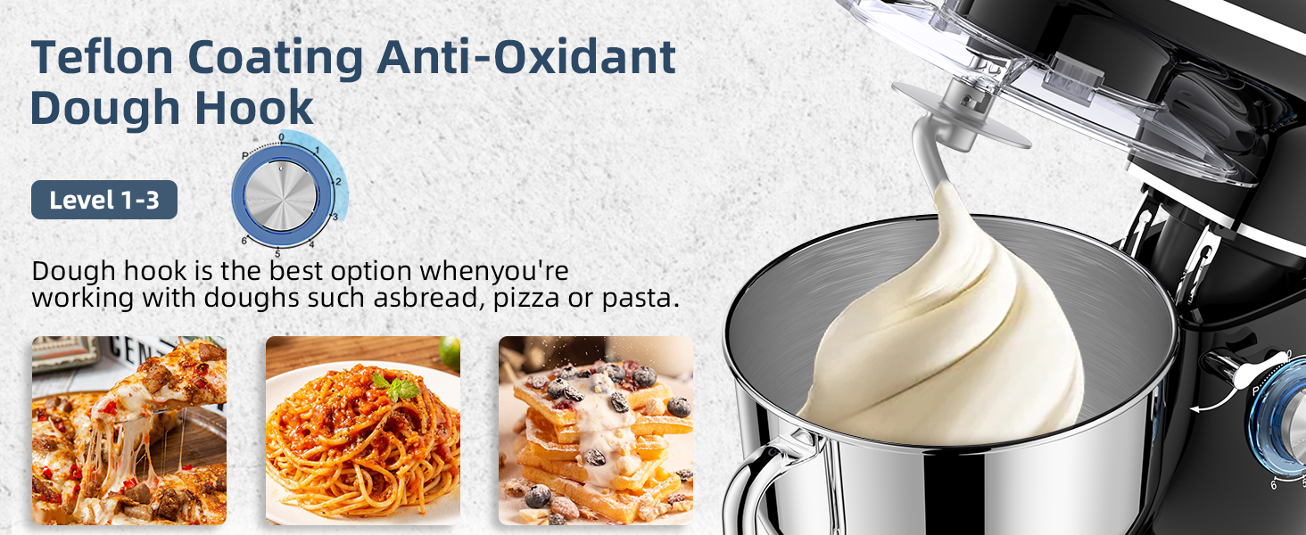 Кухонна машина Cheflee 2000W з чашею 6.2L з нержавіючої сталі, 6 швидкостей, низький шум, міксер, гак для тіста, захист від бризок, чорна