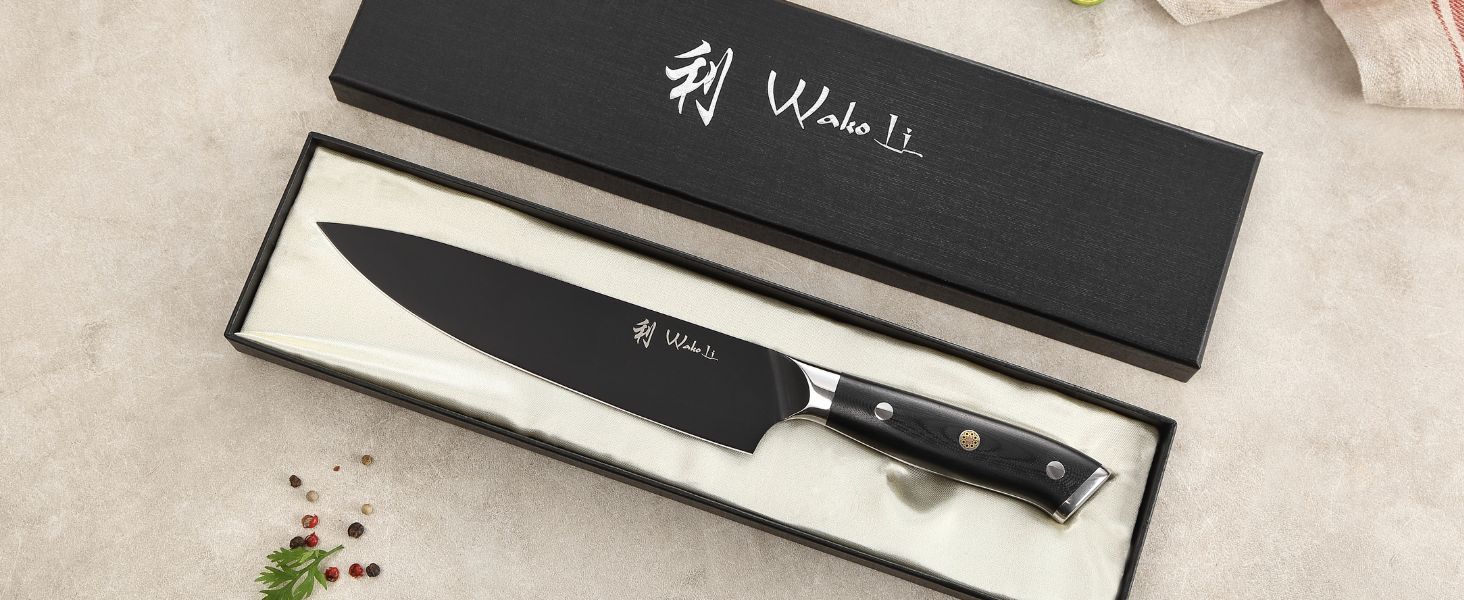 Набір кухонних ножів Wakoli Titanium Noir (5 предметів) з бруском - професійний набір кухонних ножів з титановим покриттям, нержавіюча сталь, чорне покриття, магнітний брусок, шеф-ніж