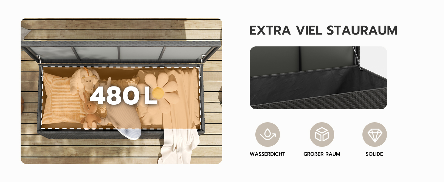 Водонепроникний садовий ящик Amopatio Gartenbox 480л з поліротангу, металевий ящик для подушок на колесах з газліфтом, чорний