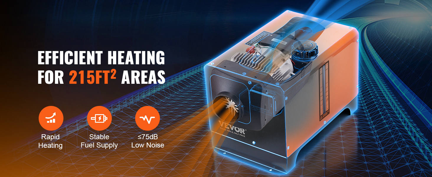 Автономний дизельний опалювач VEVOR 12V 5kW з LCD-дисплеєм, пультом дистанційного керування та Bluetooth, 0.16-0.52 л/год