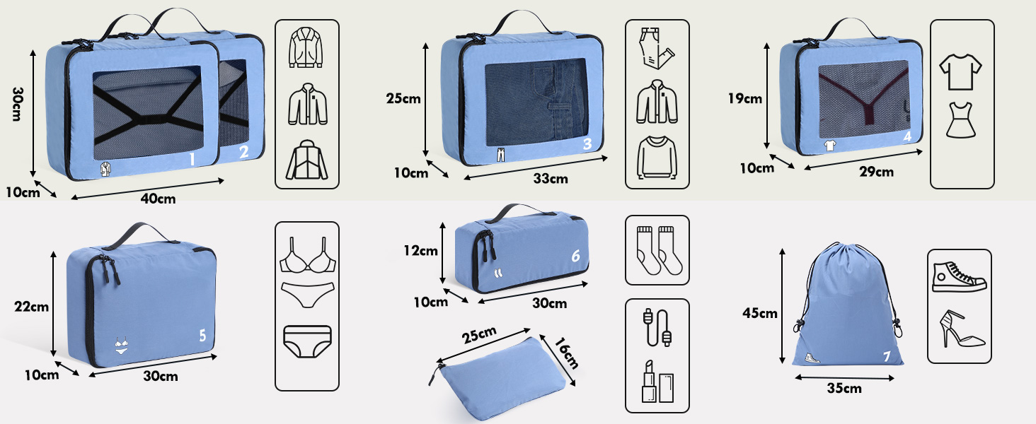 Набір органайзерів для валізи та рюкзака Packing Cubes, 8 предметів, синій — дорожній набір для пакування речей