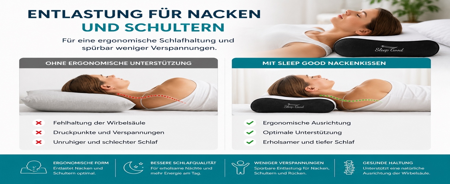 Ергономічна подушка для шиї Sleep Good з ефектом пам'яті (Memory Foam), регульована по висоті, для сну на боці та спині, зі знімним чохлом
