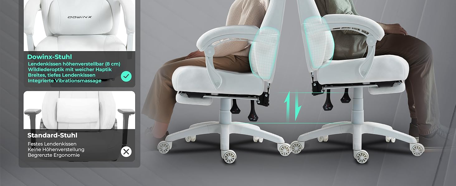 Ігровий крісло Dowinx з регульованою висотою масажного поперекового підтримувача, ергономічний дизайн, м'яка мікрофібра велюр, посилене сидіння, підголовник та підніжка в комплекті, регулювання на 155°, (Білий, Титан)