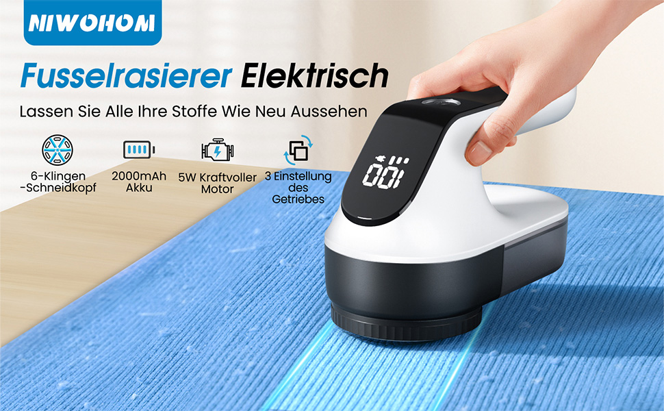 Електричний видалення ворсу NIWOHOM для одягу - 3 швидкості, 6-клинковий ніж, LED-дисплей, для всіх тканин
