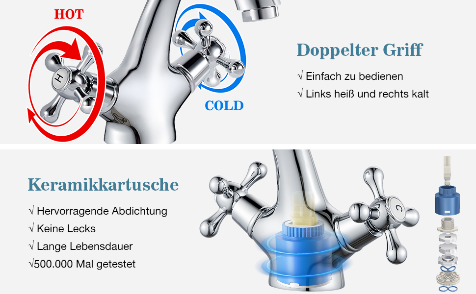 Змішувач для ванної кімнати з двома ручками, хром, з міді, ретро стиль, G3/8 | Змішувач для умивальника
