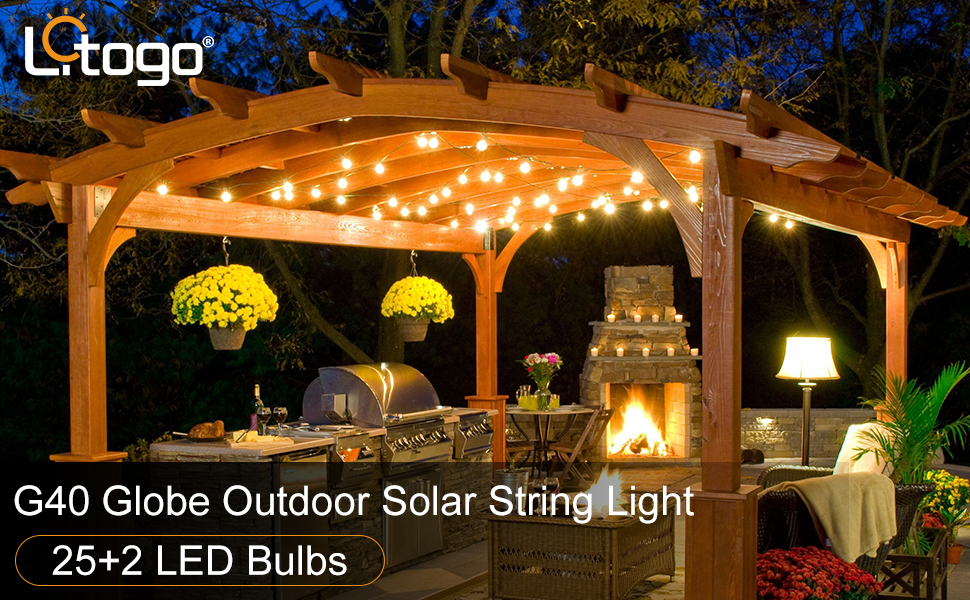 Сонячна гірлянда для зовнішнього використання Litogo, 25+2 лампочки G40, 8 режимів, диммування, LED, для балкона, саду, тераси, тепле світло, з пультом керування
