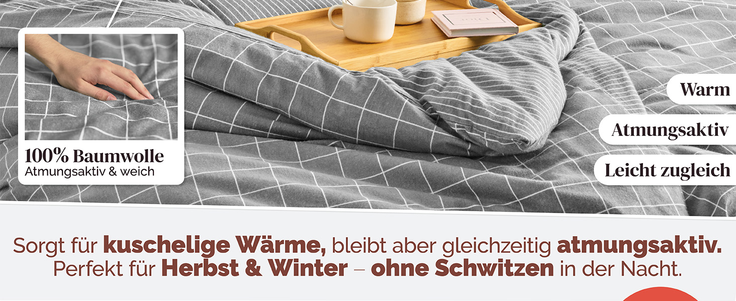 Комплект постільної білизни Blumtal Biber 200x200 + 2x 80x80 см, бавовна, фланель, Oeko-Tex, теплий, зимовий, двосторонній, тауп