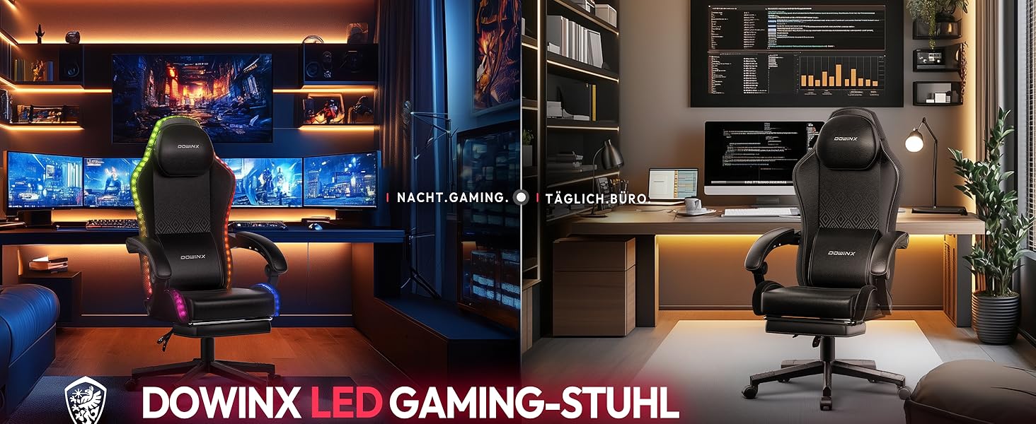 Ігровий крісло Dowinx з RGB підсвічуванням, LED крісло для геймерів з підніжкою, ергономічне крісло з масажем попереку, для дорослих, PU шкіра, білий (чорний)