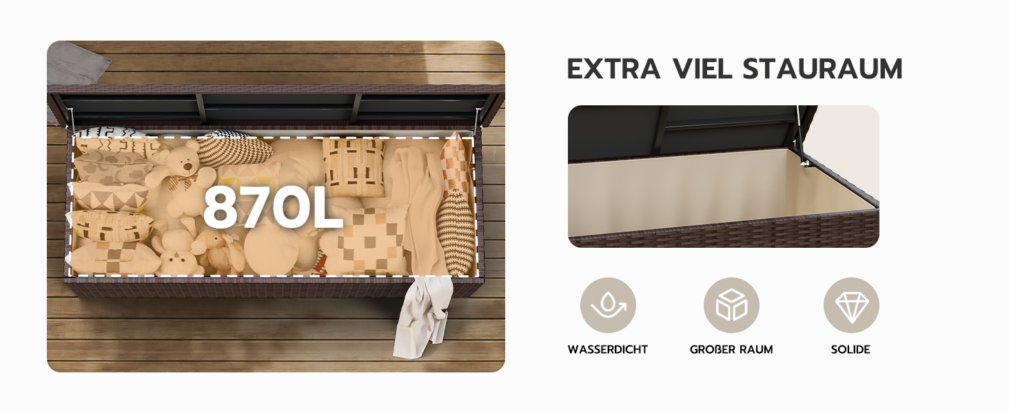 Водонепроникний садовий ящик Amopatio Gartenbox 650л з поліротангу для подушок, металевий з газовими амортизаторами, для саду та балкону, коричневий