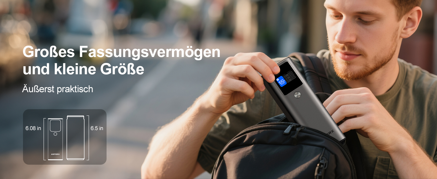 Power Bank AsperX 20000mAh, 165W, 2x USB-C 100W, Алюмінієвий Корпус, Вбудований Кабель 60см, TFT-Дисплей, для iPhone, MacBook, Samsung