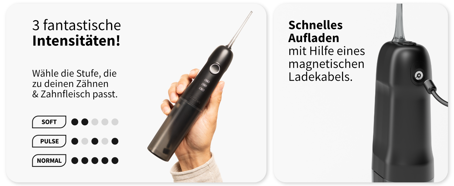 Munddusche AQUADENT A2 | Бездротова | Для дому та в дорогу | Water Flosser | Ефективне очищення міжзубного простору | 3 програми | Чорний