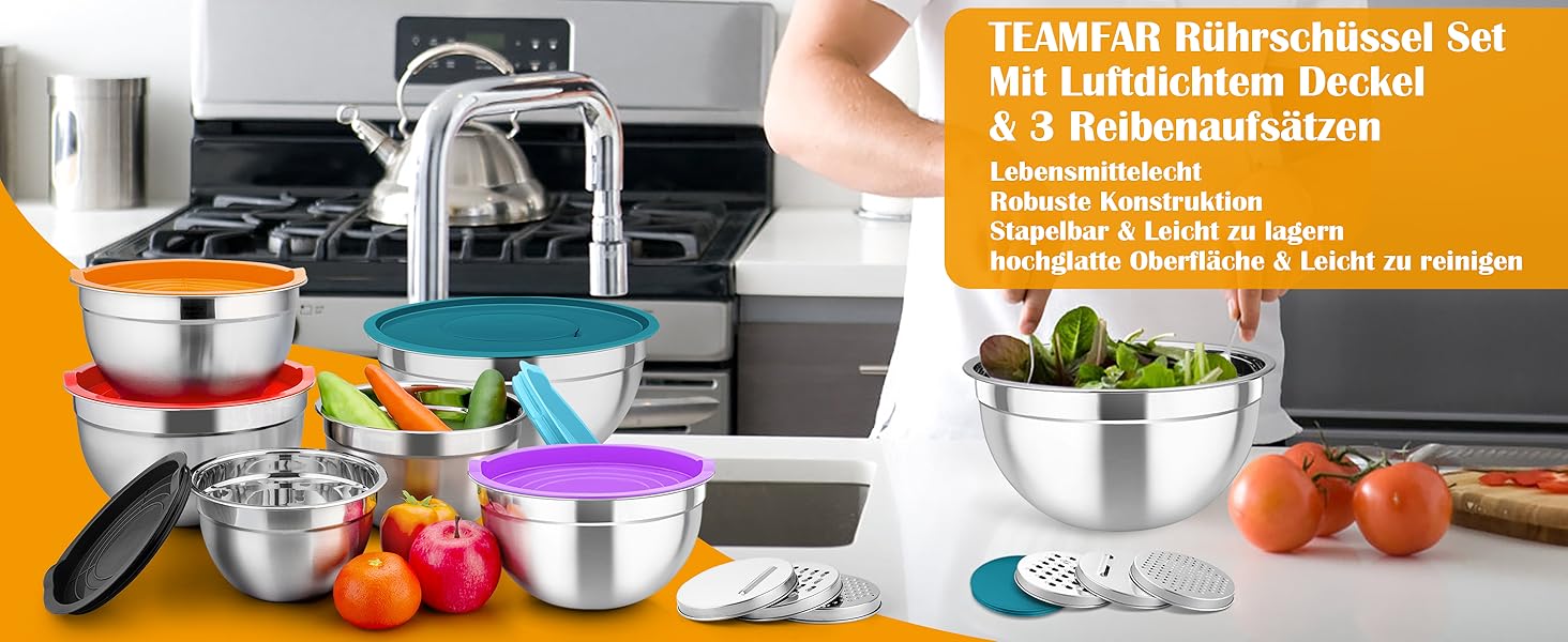 Набір салатниць TEAMFAR 6 шт. з нержавіючої сталі з кришками та силіконовим дном, багатофункціональний, для миття в посудомийній машині, 0,7Л / 1,5Л / 1,6Л / 2,5Л / 2,8Л / 4,6Л (Кольоровий, з 3 тертками)