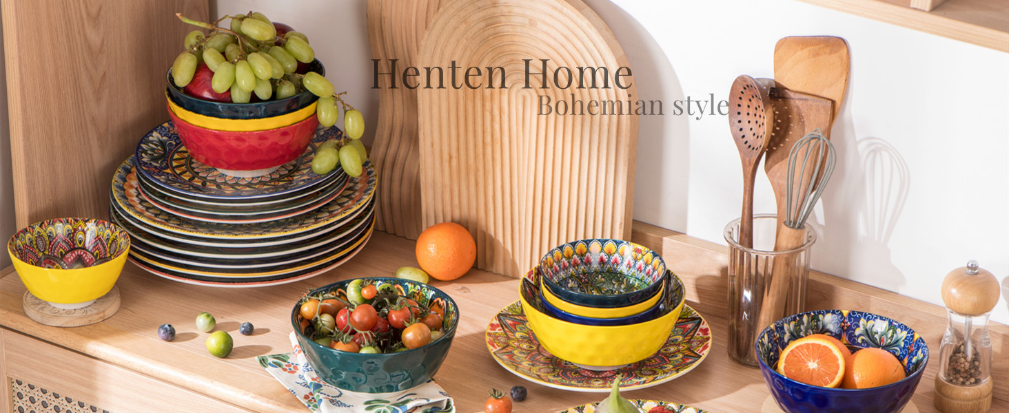 Набір обідніх тарілок Henten Home Porcelain - 6 кольорових обідніх тарілок 26 см, кераміка, візерунок