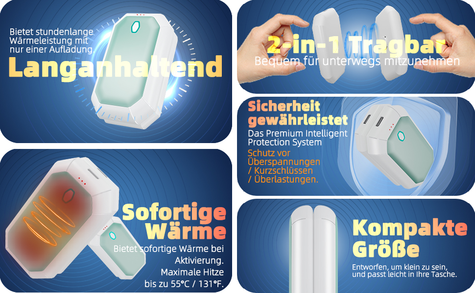 Електричний грілка для рук ITSHINY, набір 2 шт., 3 режими нагріву, USB-зарядка, для чоловіків, кемпінгу та полювання (синій)