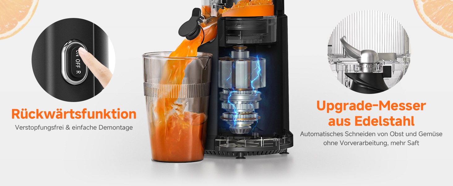 AOBOSI Повільнодіючий соковитискач з великою завантажувальною воронкою 135 мм, 200 Вт, холодний віджим, зворотний хід, потрійний фільтр, BPA-free, тихий, для свіжих соків з фруктів та овочів, чорний