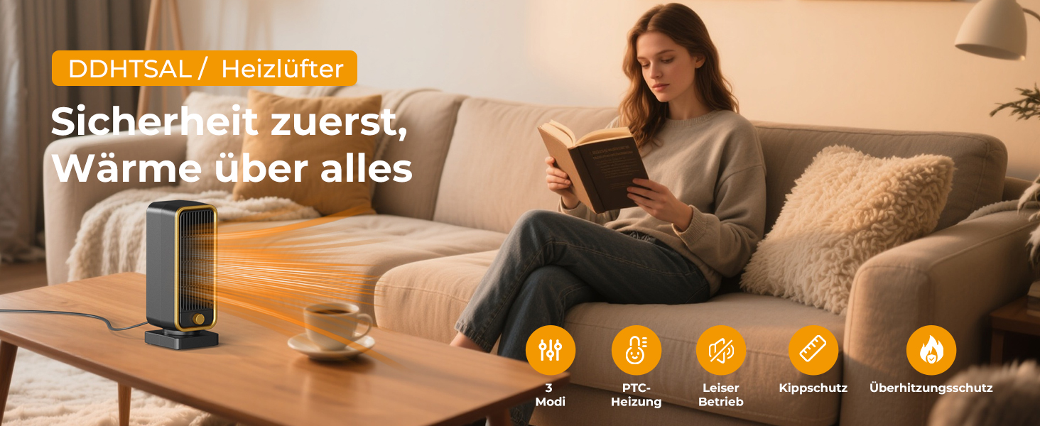 Електричний обігрівач 2000W з терморегулятором, тихий, 3 режими, PTC кераміка, швидкий нагрів, ECO режим, пульт, таймер 12H, поворот 70°, для офісу, спальні, ванної кімнати (чорний)