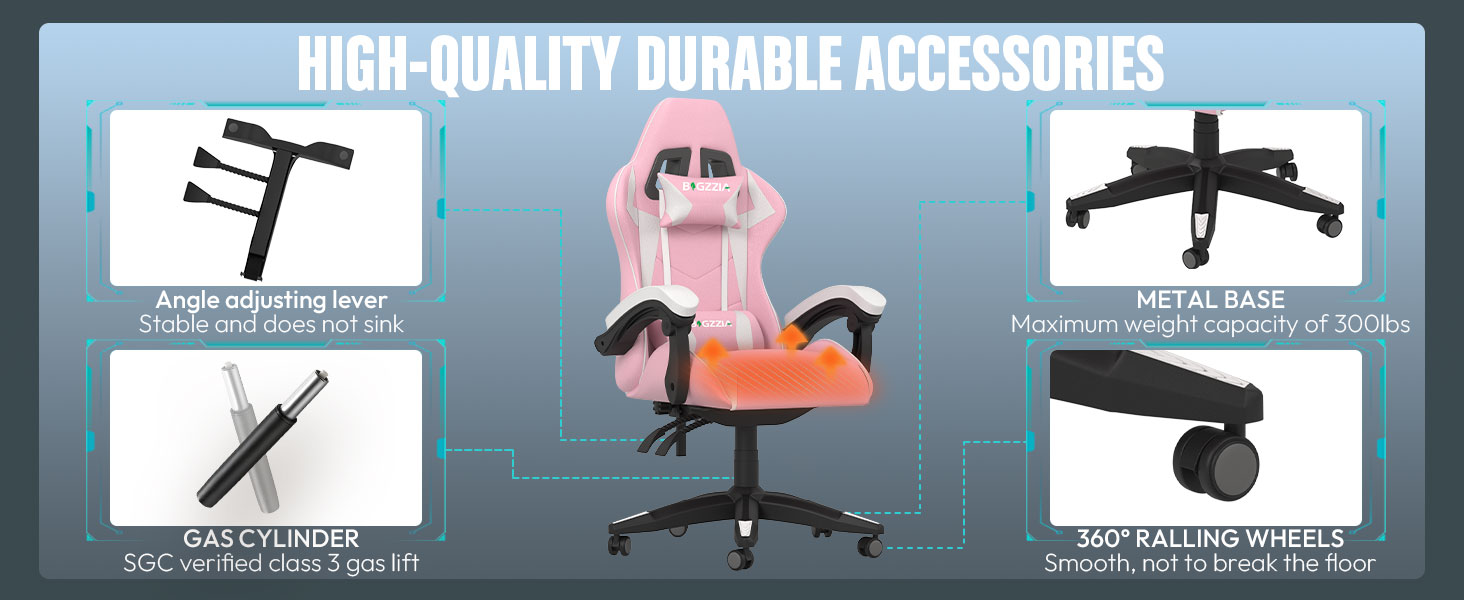 Ігровий крісло Bigzzia Ergonomic з підігрівом, рожево-білий, для геймерів, комп'ютерне, з підголівником та підлокітниками