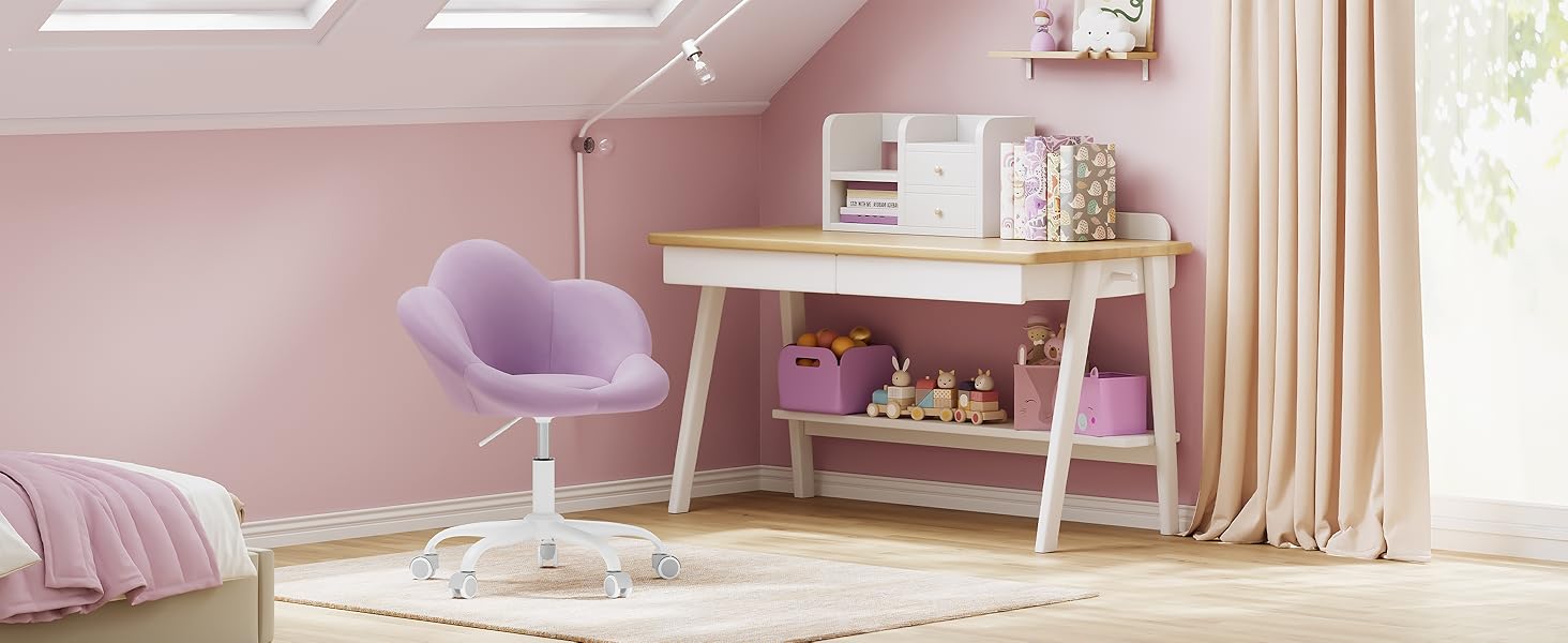 Дитячий ергономічний стілець WOLTU для столу, туалетного столика, офісу, регульована висота, оксамит, світло-фіолетовий