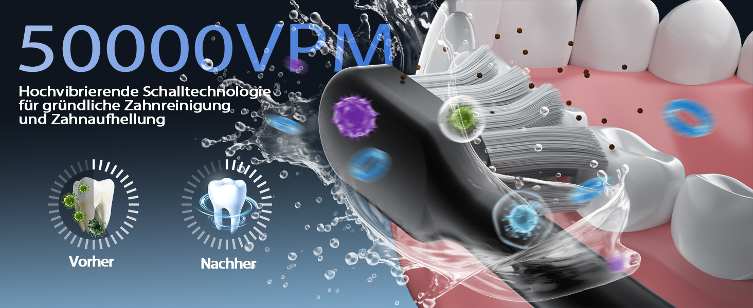 Електрична звукова зубна щітка з 4 насадками та 5 режимами, 50000 VPM, IPX7, таймер 2 хвилини, чорна