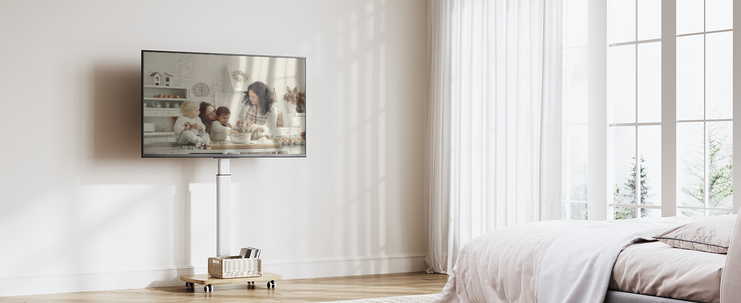 Підставка для телевізора на колесах з полицею, для телевізорів 32-65 дюймів, до 35 кг, поворотна на 90°, регульована по висоті, VESA 400x400mm (Білий+Натуральний колір)