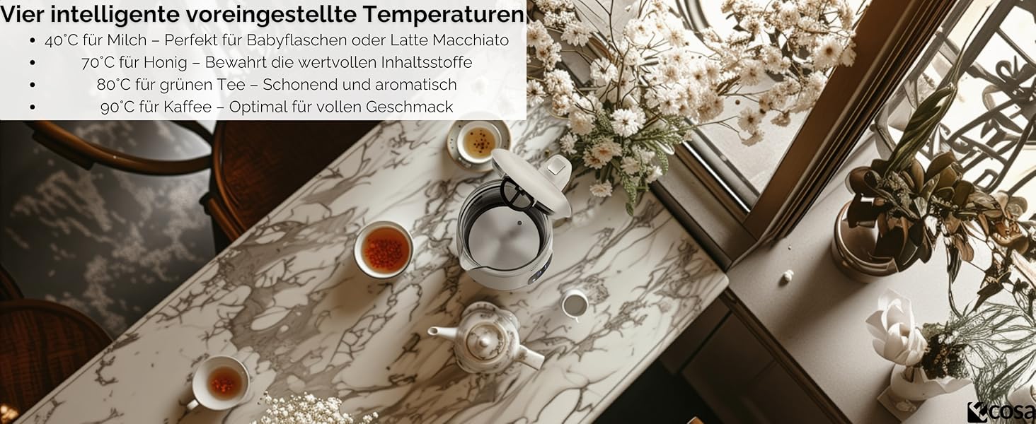 Електрочайник Ecosa® зі скляною колбою та регулюванням температури, 1.7 л, 2200 Вт, не містить BPA, з підігрівом та LED-підсвічуванням (Woldo White)