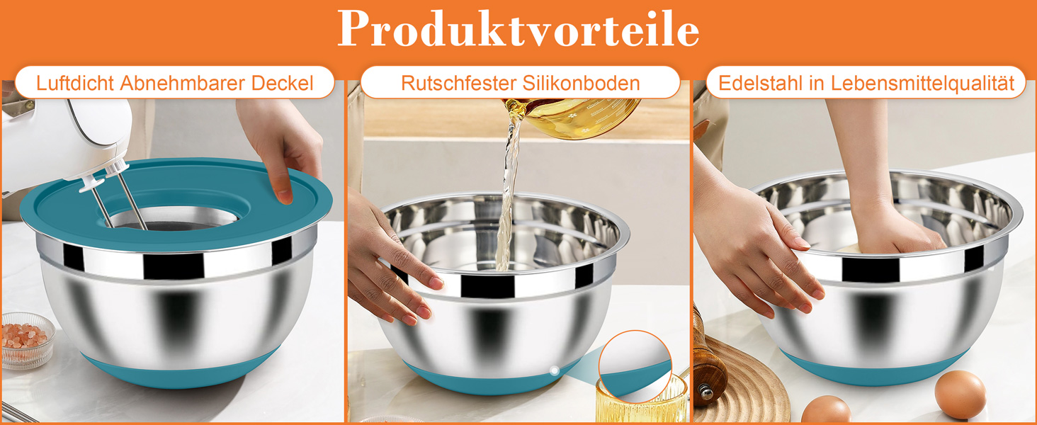 Набір місок Homikit з нержавіючої сталі, 6 шт. з тертками, кришками та силіконовим дном, 4.6/2.8/2.5/1.6/1.2/0.7 л, багатобарвний
